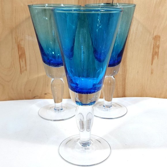 3) Crate Barrel Aqua Seeded Bubble Stem Water Sweet Tea Glasses - Picture 6 of 10